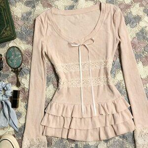 Original Pink Lace Splice Sweet Slim Unique Long Sleeve T-Shirt For Women